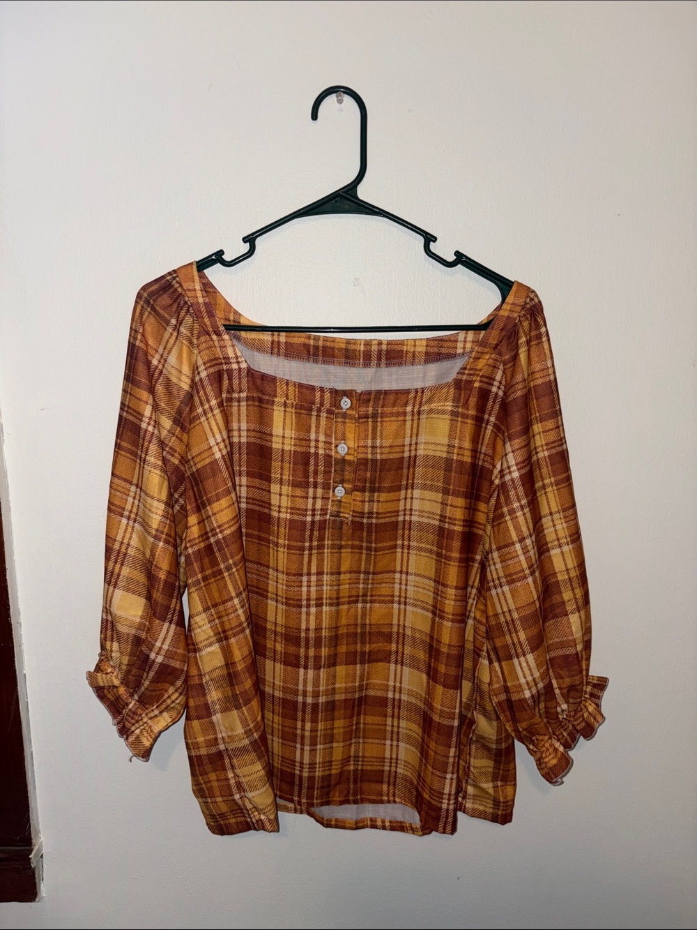 Women’s Plaid Peasant Top in Rust Yellow